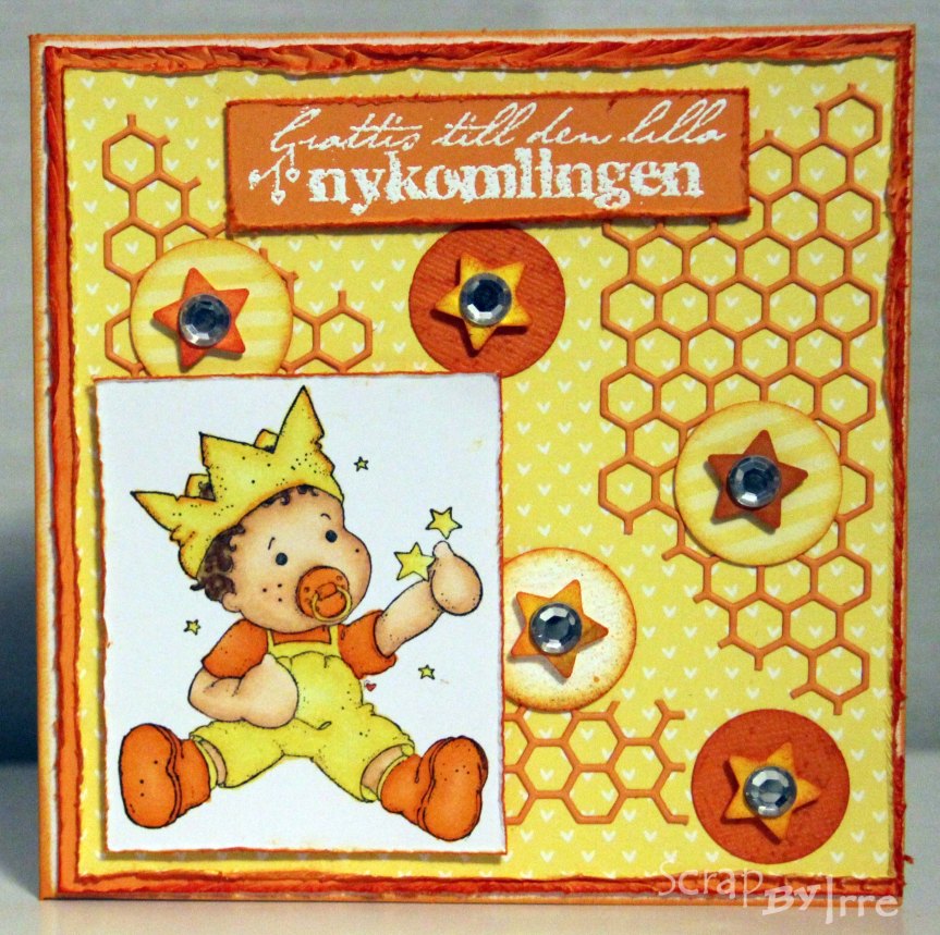 Baby card in orange and yellow with a colored stamp