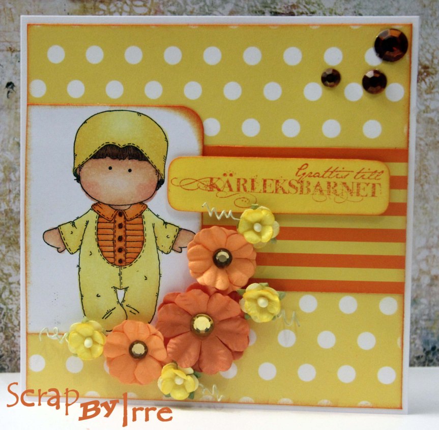 Baby card with a colored stamp in yellow and orange